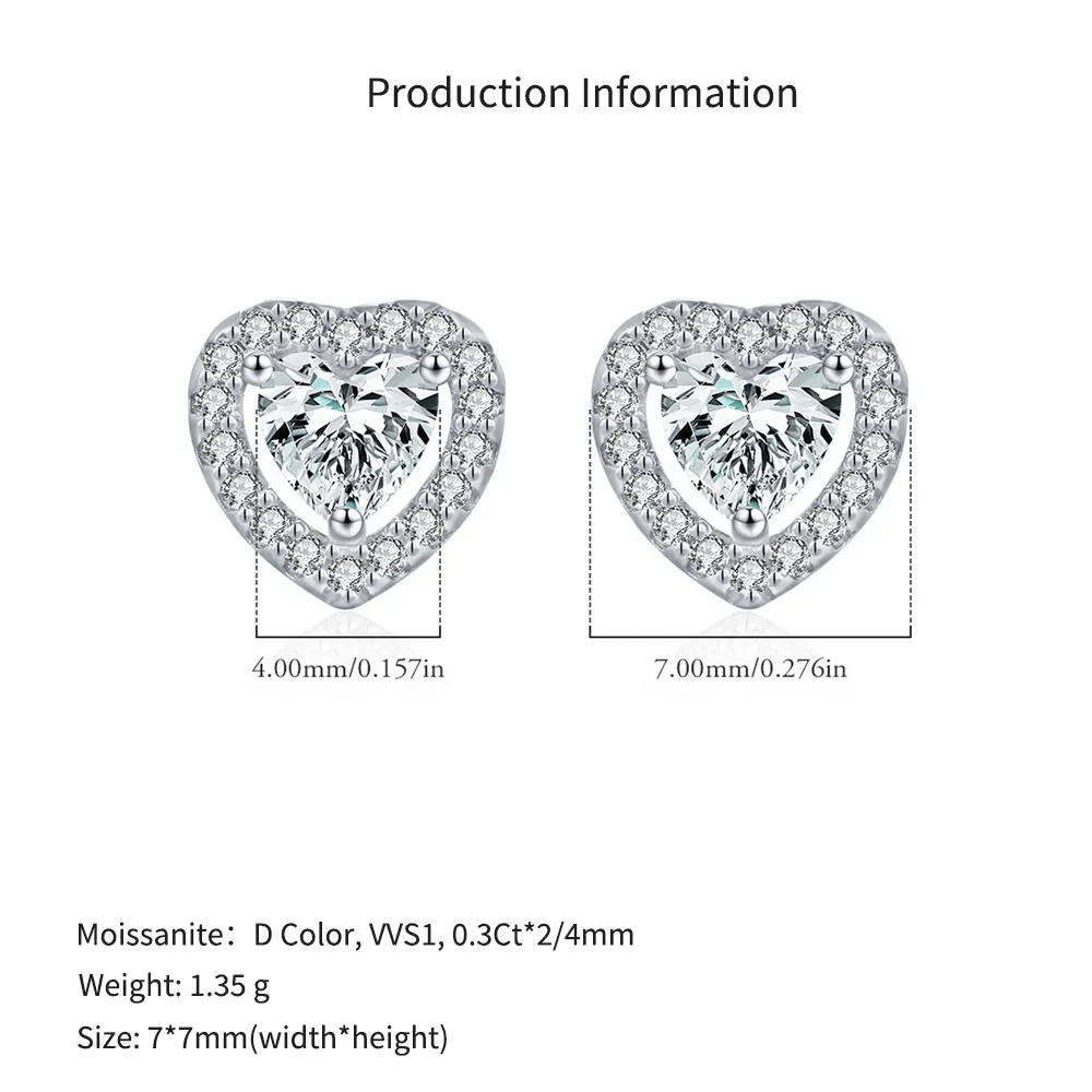925 Sterling Silver Heart Cut Halo Moissanite Stud Earrings 110100061 - image2