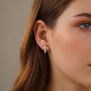 925 Sterling Silver Emerald Cut Moissanite Cross Earrings 110100068