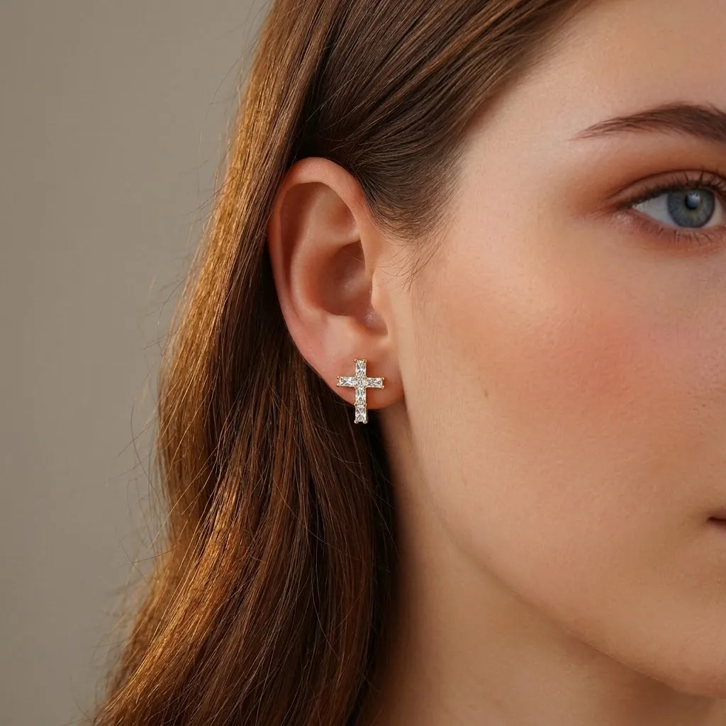 925 Sterling Silver Emerald Cut Moissanite Cross Earrings 110100068 - image1