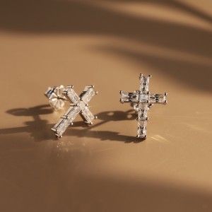 925 Sterling Silver Emerald Cut Moissanite Cross Earrings 110100068