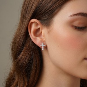 925 Sterling Silver Emerald Cut Moissanite Cross Earrings 110100068