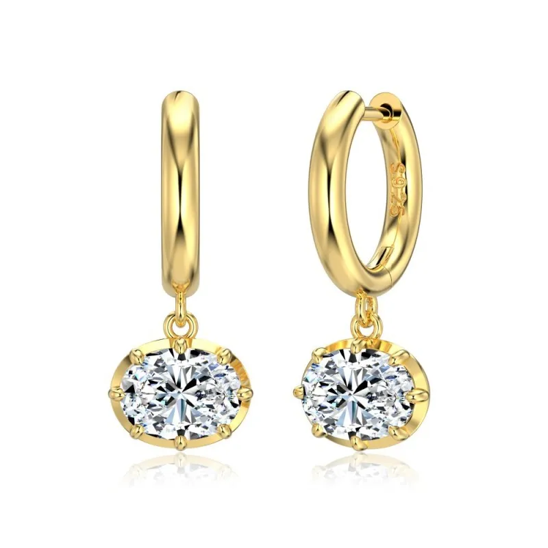 925 Sterling Silver 8-Prong Oval Zirconia Moissanite Drop Hoop Earrings 110100078