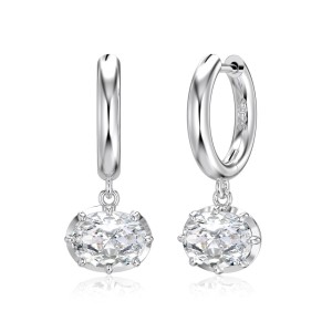 925 Sterling Silver 8-Prong Oval Zirconia Moissanite Drop Hoop Earrings 110100078