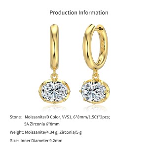 925 Sterling Silver 8-Prong Oval Zirconia Moissanite Drop Hoop Earrings 110100078