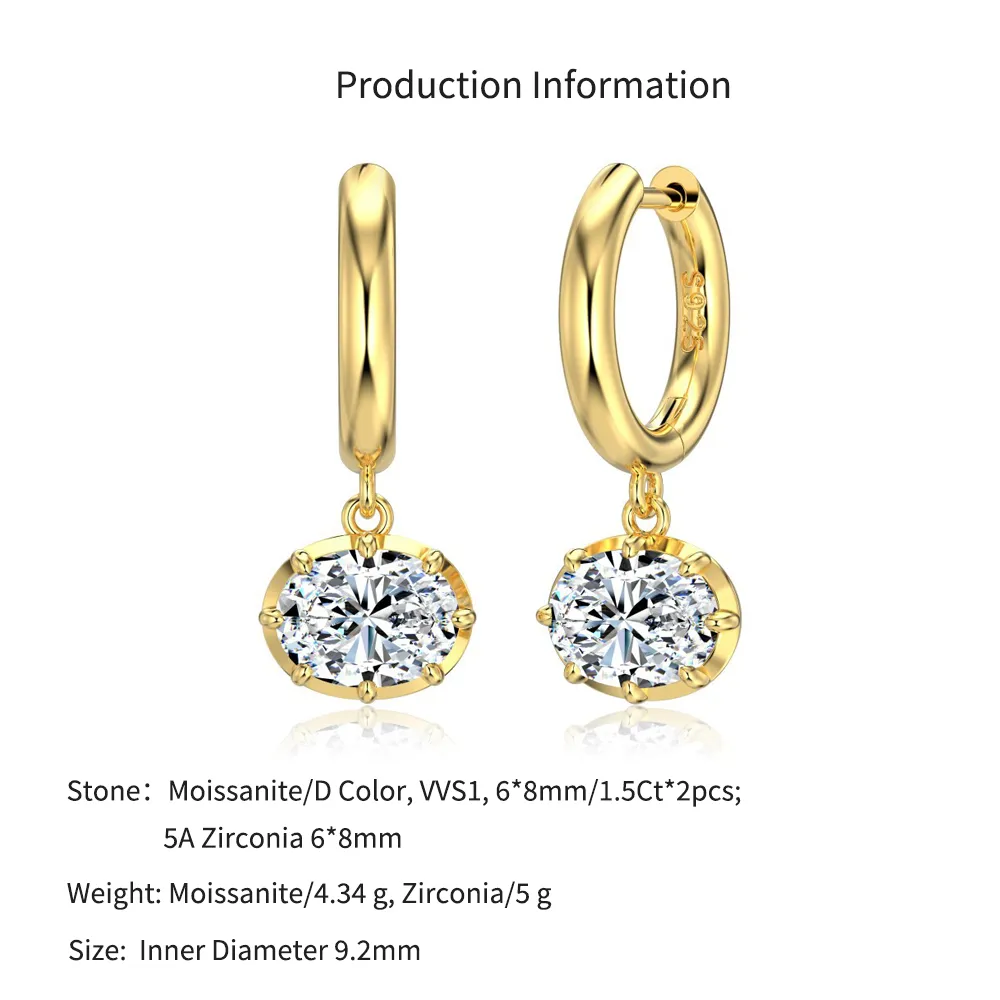 925 Sterling Silver 8-Prong Oval Zirconia Moissanite Drop Hoop Earrings 110100078 - image6
