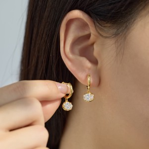 925 Sterling Silver 8-Prong Oval Zirconia Moissanite Drop Hoop Earrings 110100078