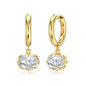 925 Sterling Silver 8-Prong Oval Zirconia Moissanite Drop Hoop Earrings 110100078