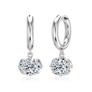 925 Sterling Silver 8-Prong Oval Zirconia Moissanite Drop Hoop Earrings 110100078