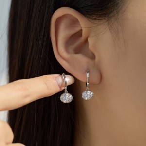 925 Sterling Silver 8-Prong Oval Zirconia Moissanite Drop Hoop Earrings 110100078