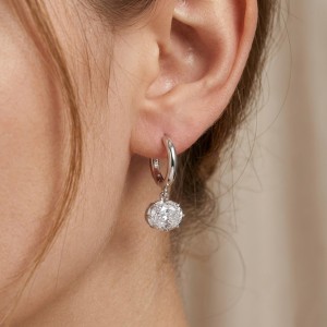 925 Sterling Silver 8-Prong Oval Zirconia Moissanite Drop Hoop Earrings 110100078