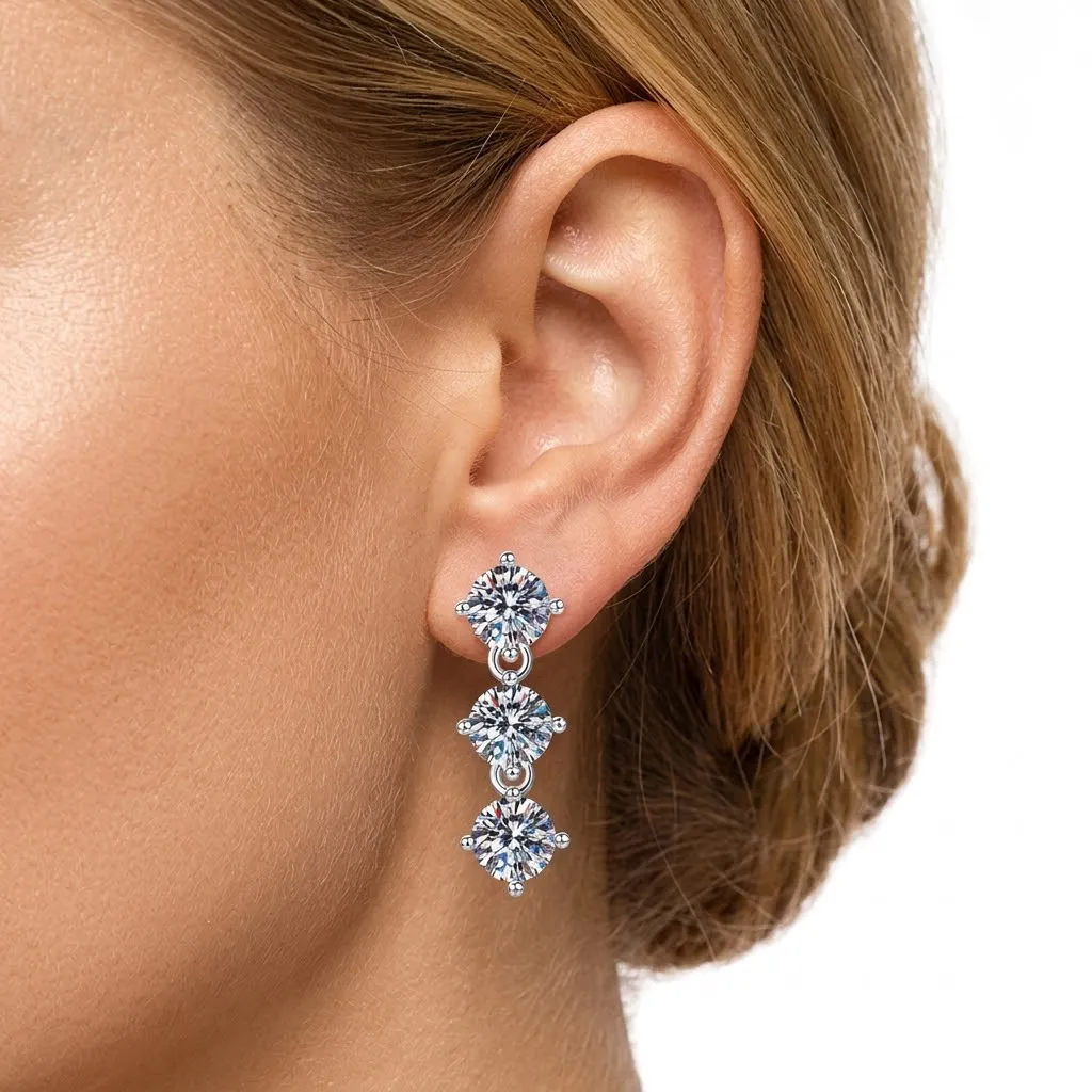 925 Silver 3-Stone 8A Zircon/Moissanite Linear Drop Earrings 110100084 - image1