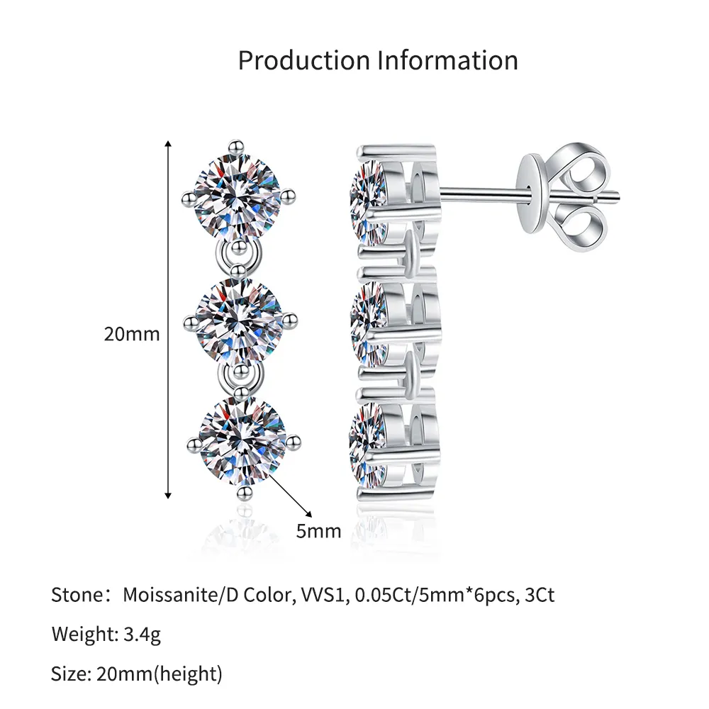 925 Silver 3-Stone 8A Zircon/Moissanite Linear Drop Earrings 110100084 - image2