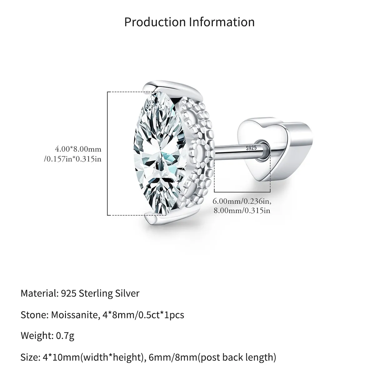 Wholesale 925 Sterling Silver Marquise Moissanite Beaded Cartilage Stud 110100086 - image2