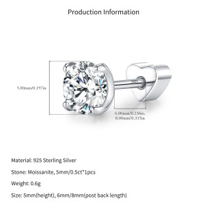 Wholesale 925 Sterling Silver 0.5ct Round Moissanite Cartilage Stud 110100087