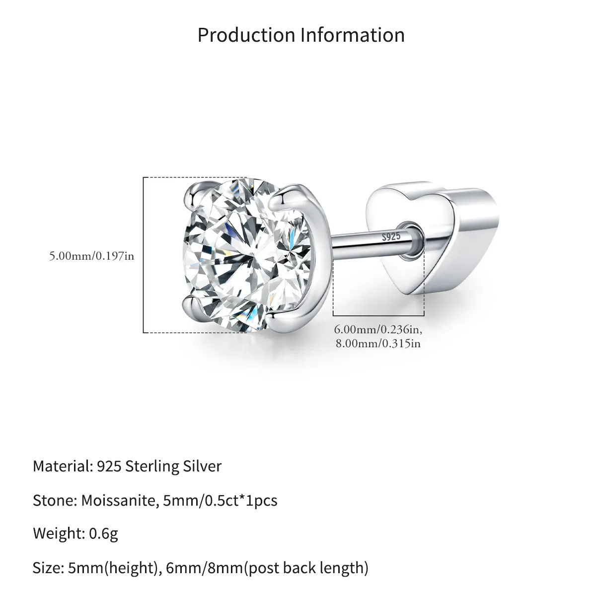 Wholesale 925 Sterling Silver 0.5ct Round Moissanite Cartilage Stud 110100087 - image2