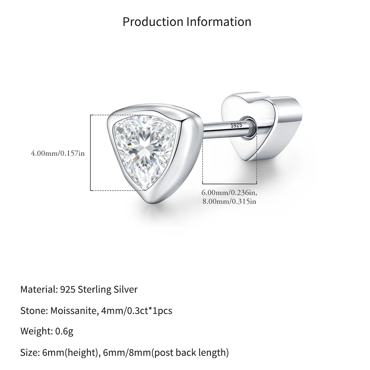 Wholesale 925 Sterling Silver Triangle Cut Moissanite Cartilage Stud 110100088 - image2