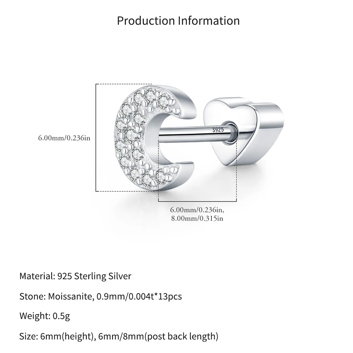 Wholesale 925 Sterling Silver Moissanite Crescent Moon Cartilage Stud 110100091 - image2