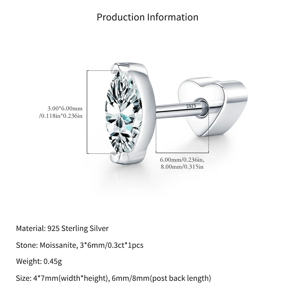 Wholesale 925 Sterling Silver Marquise Cut Moissanite Cartilage Stud 110100096 - image2