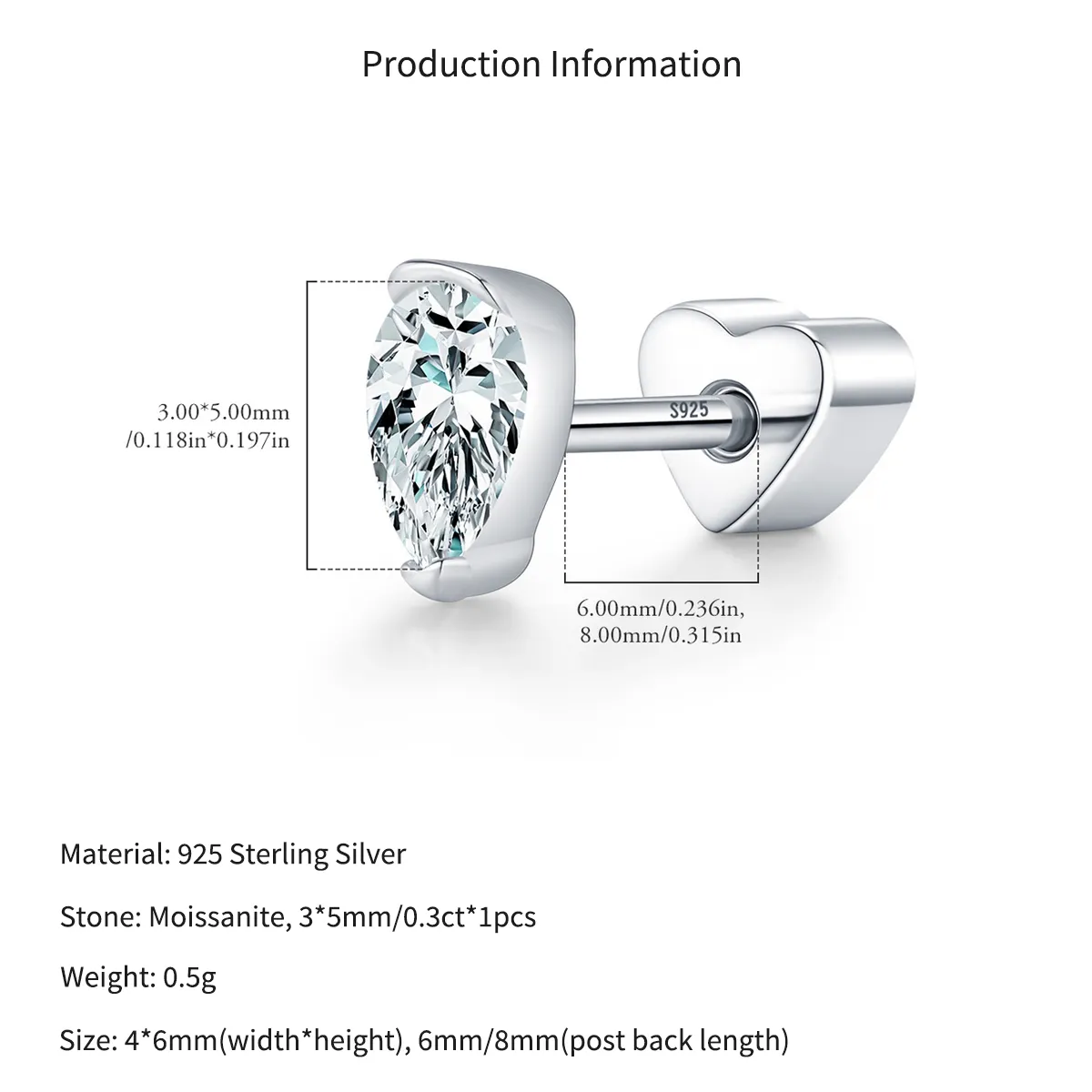 Wholesale 925 Sterling Silver Pear Cut Moissanite Cartilage Stud 110100097 - image2