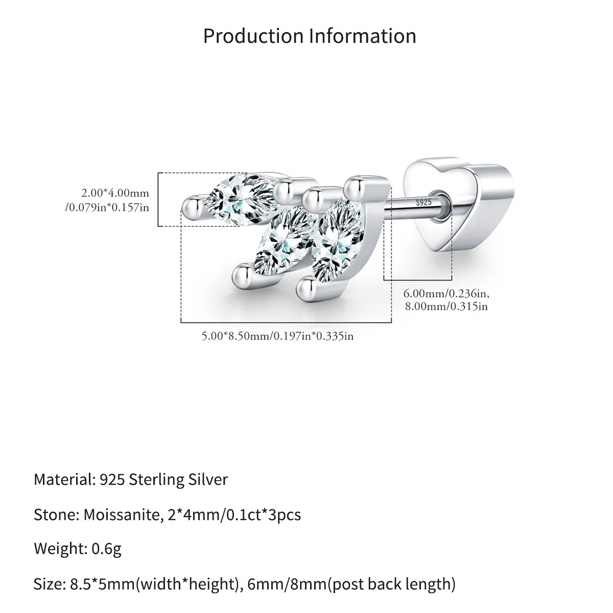 Wholesale 925 Sterling Silver Marquise Moissanite Cluster Cartilage Stud 110100098 - image2
