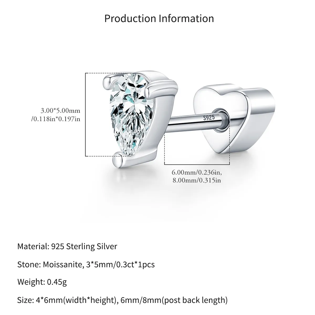 Wholesale 925 Sterling Silver Pear Cut Moissanite Cartilage Stud 110100100 - image2
