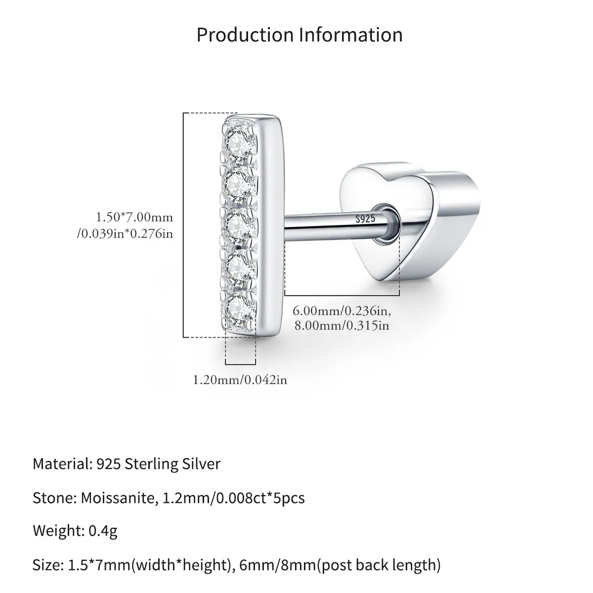 Wholesale 925 Sterling Silver Moissanite Pavé Bar Cartilage Stud 110100106 - image2