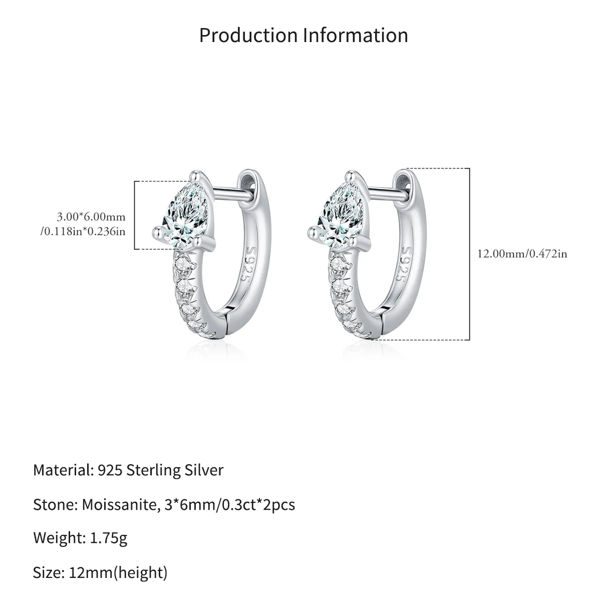 Wholesale 925 Sterling Silver Pear Cut Moissanite Huggie Hoop Earrings 110100109 - image2