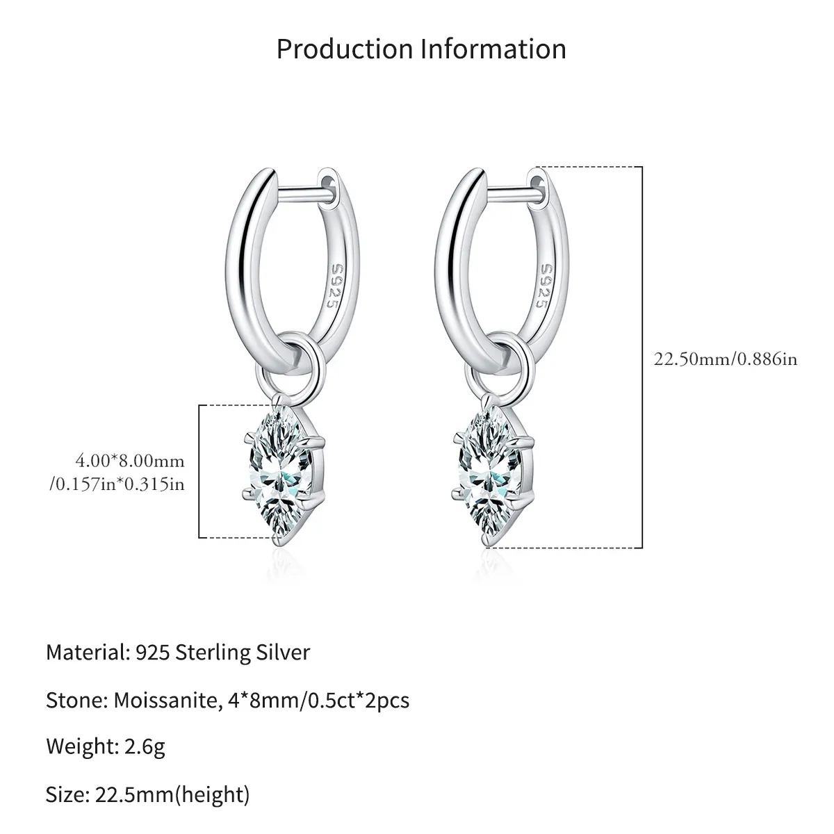 Wholesale 925 Sterling Silver Marquise Moissanite Dangle Hoop Earrings 110100110 - image2