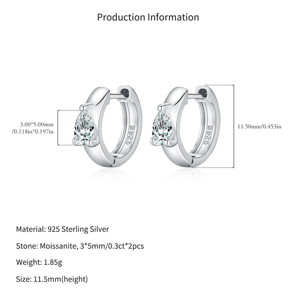 Wholesale 925 Sterling Silver Pear Cut Moissanite Huggie Hoop Earrings 110100112 - image2