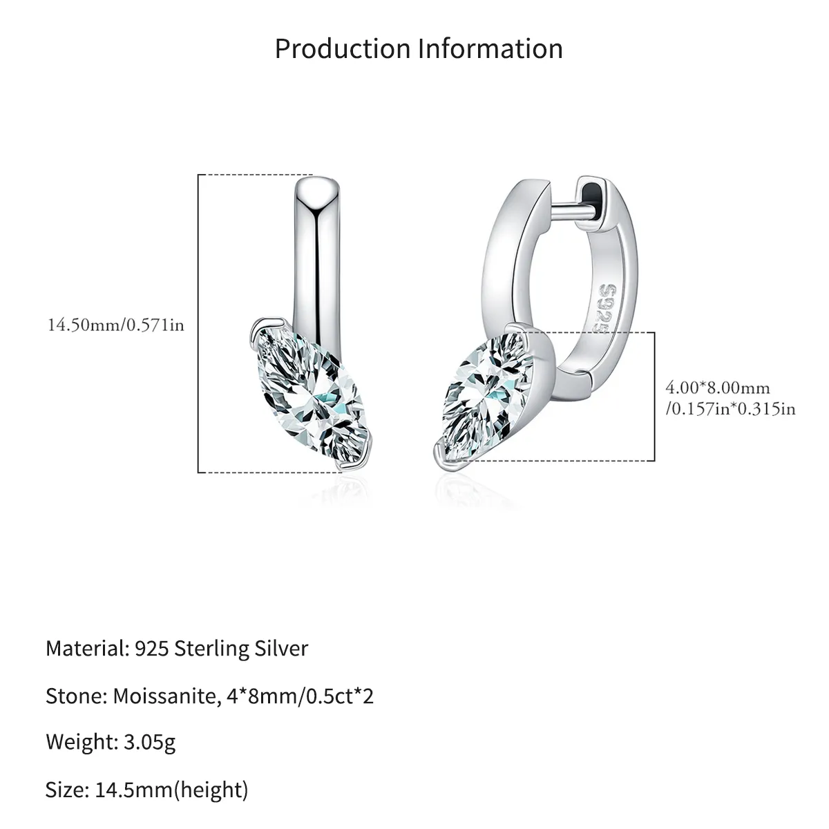 Wholesale 925 Sterling Silver 0.5ct Marquise Moissanite Hoop Earrings 110100115 - image2