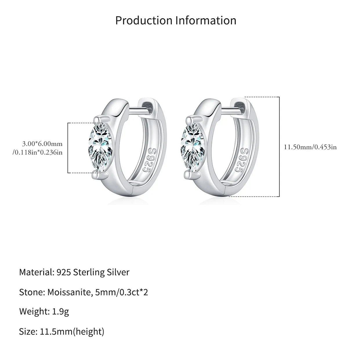 Wholesale 925 Sterling Silver 0.3ct Marquise Moissanite Huggie Hoop Earrings 110100116 - image2