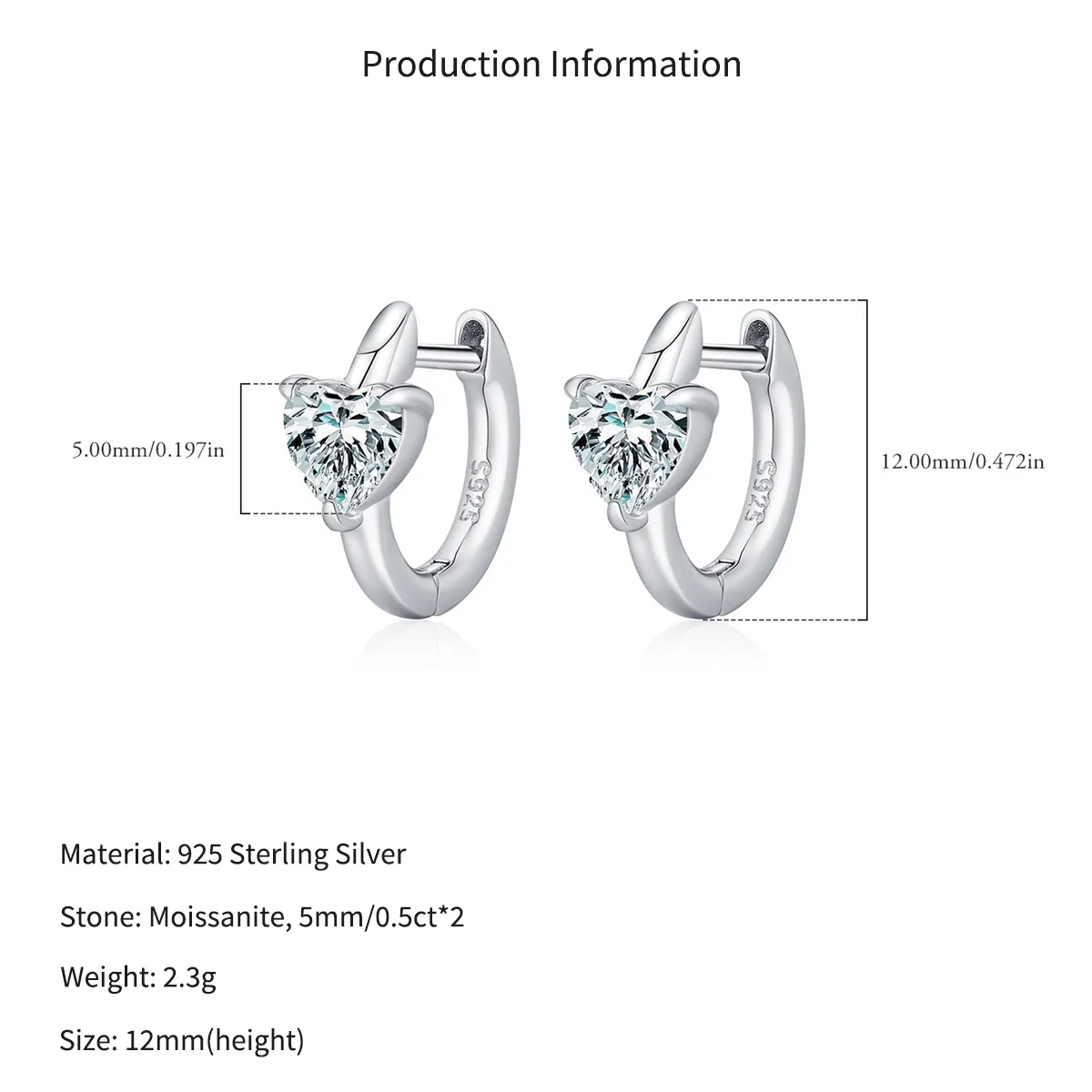 Wholesale 925 Sterling Silver 0.5ct Heart Moissanite Huggie Hoop Earrings 110100117 - image2