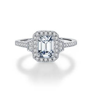 925 Sterling Silver Vintage Emerald Cut Halo Moissanite Ring 110200054 925 Sterling Silver Vintage Emerald Cut Halo Moissanite Ring 110200054