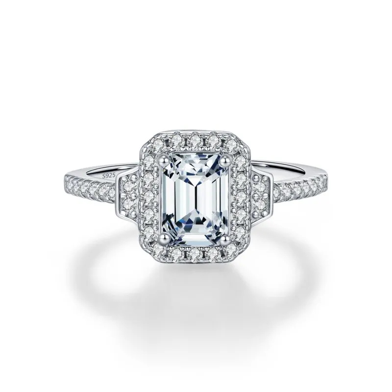 925 Sterling Silver Vintage Emerald Cut Halo Moissanite Ring 110200054 925 Sterling Silver Vintage Emerald Cut Halo Moissanite Ring 110200054