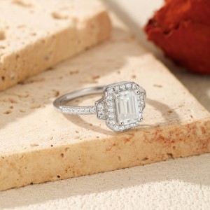 925 Sterling Silver Vintage Emerald Cut Halo Moissanite Ring 110200054 925 Sterling Silver Vintage Emerald Cut Halo Moissanite Ring 110200054