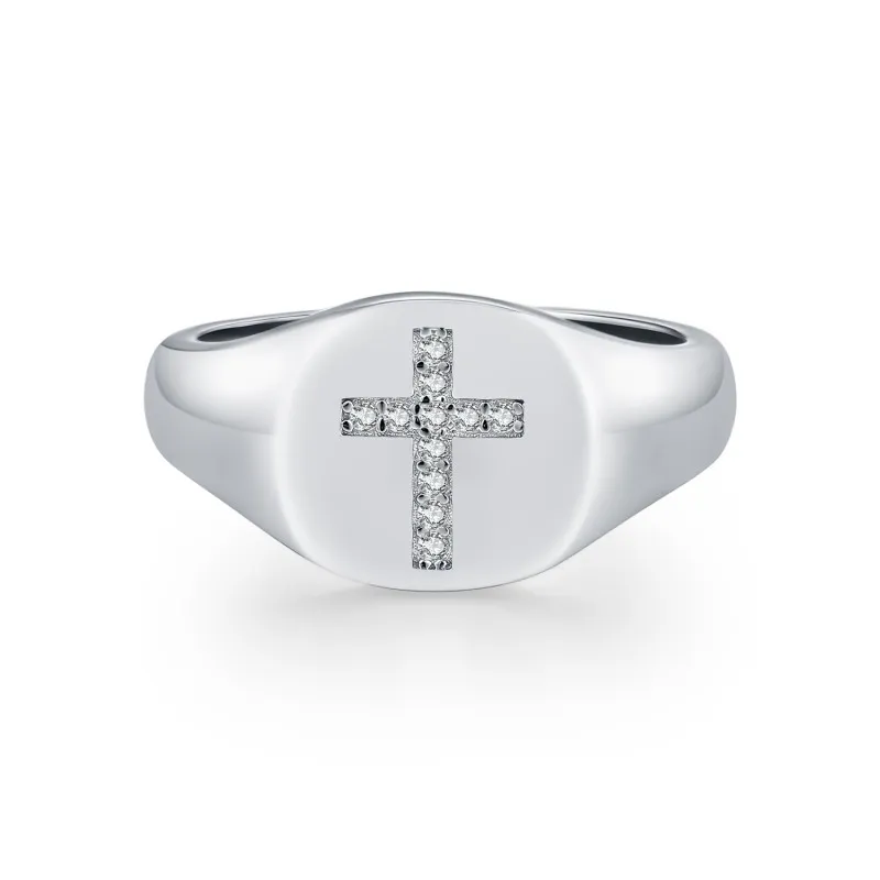 925 Sterling Silver Hip Hop Moissanite Cross Signet Ring 110200060