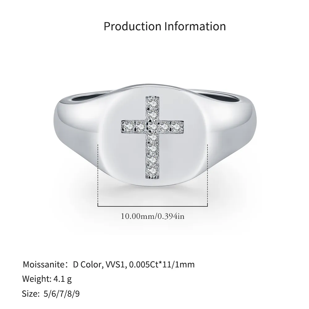 925 Sterling Silver Hip Hop Moissanite Cross Signet Ring 110200060 - image2