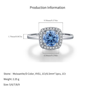 925 Sterling Silver 1Ct Klein Blue Moissanite Halo Ring 110200068