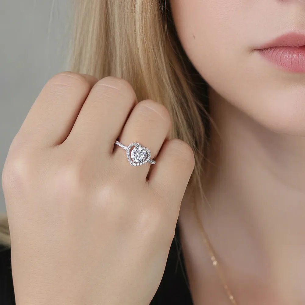 925 Sterling Silver 1 Ct Moissanite Heart Halo Engagement Ring 110200075 - image1