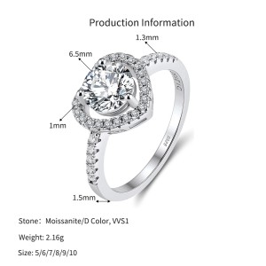 925 Sterling Silver 1 Ct Moissanite Heart Halo Engagement Ring 110200075