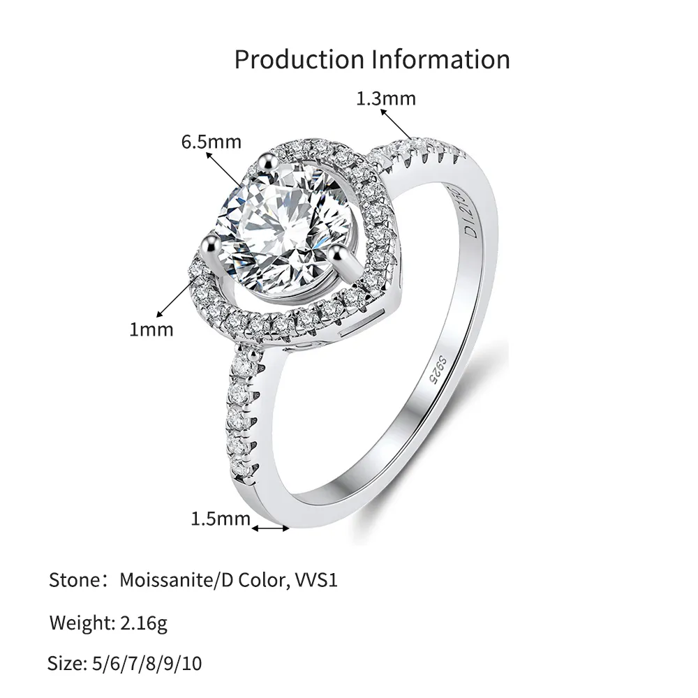 925 Sterling Silver 1 Ct Moissanite Heart Halo Engagement Ring 110200075 - image2