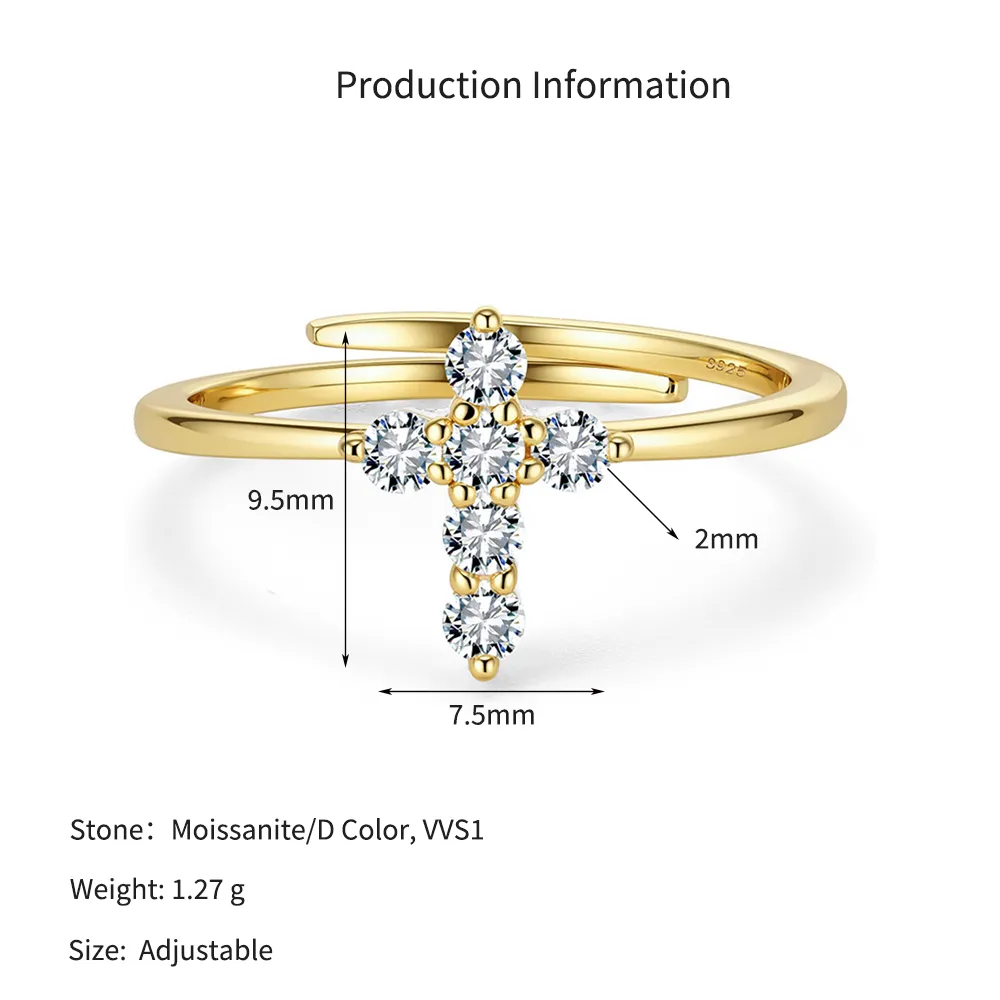 925 Sterling Silver Minimalist Moissanite Cross Adjustable Ring 110200077 - image4