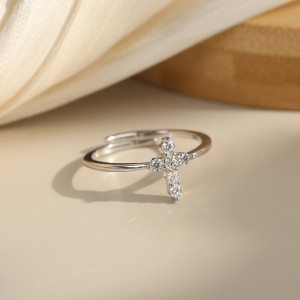 925 Sterling Silver Minimalist Moissanite Cross Adjustable Ring 110200077