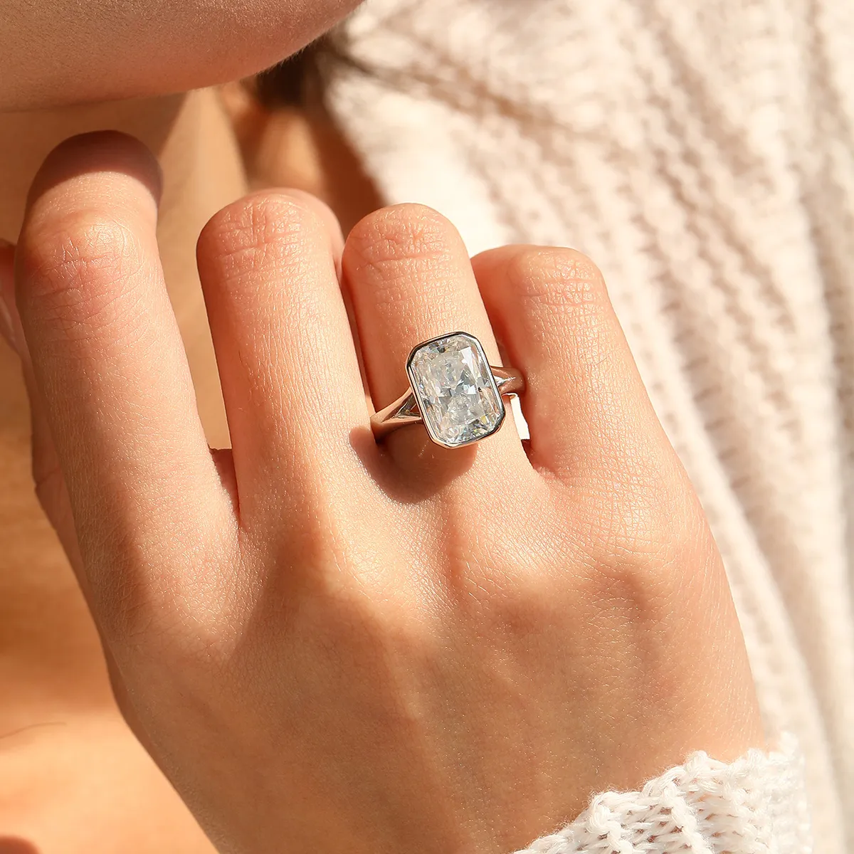 925 Sterling Silver 4.5 Ct Radiant Moissanite Bezel Sugar Cube Ring 110200080 - image1