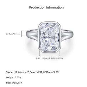 925 Sterling Silver 4.5 Ct Radiant Moissanite Bezel Sugar Cube Ring 110200080