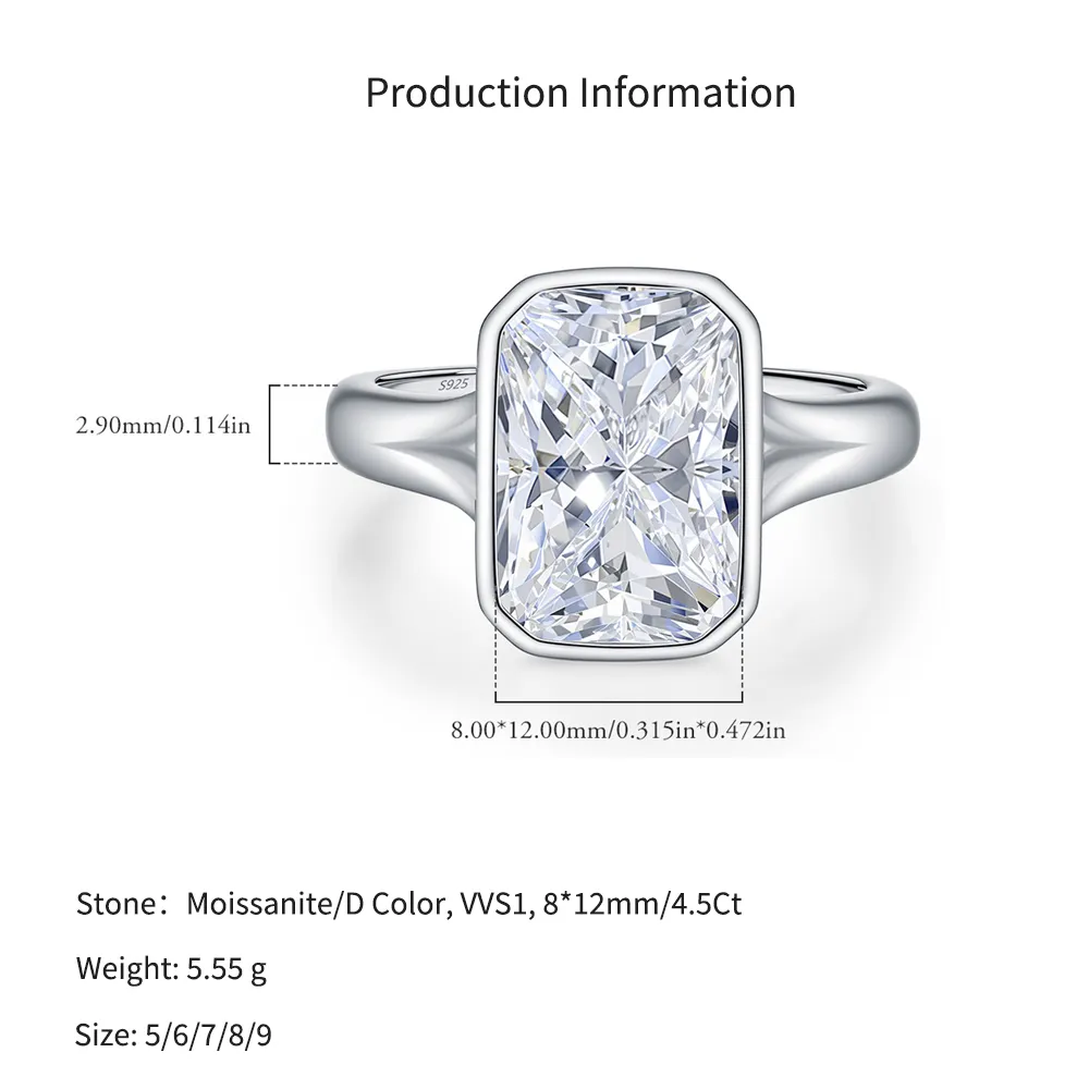 925 Sterling Silver 4.5 Ct Radiant Moissanite Bezel Sugar Cube Ring 110200080 - image2