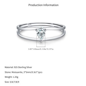 Wholesale 925 Sterling Silver Pear Cut Moissanite Double Band Ring 110200085