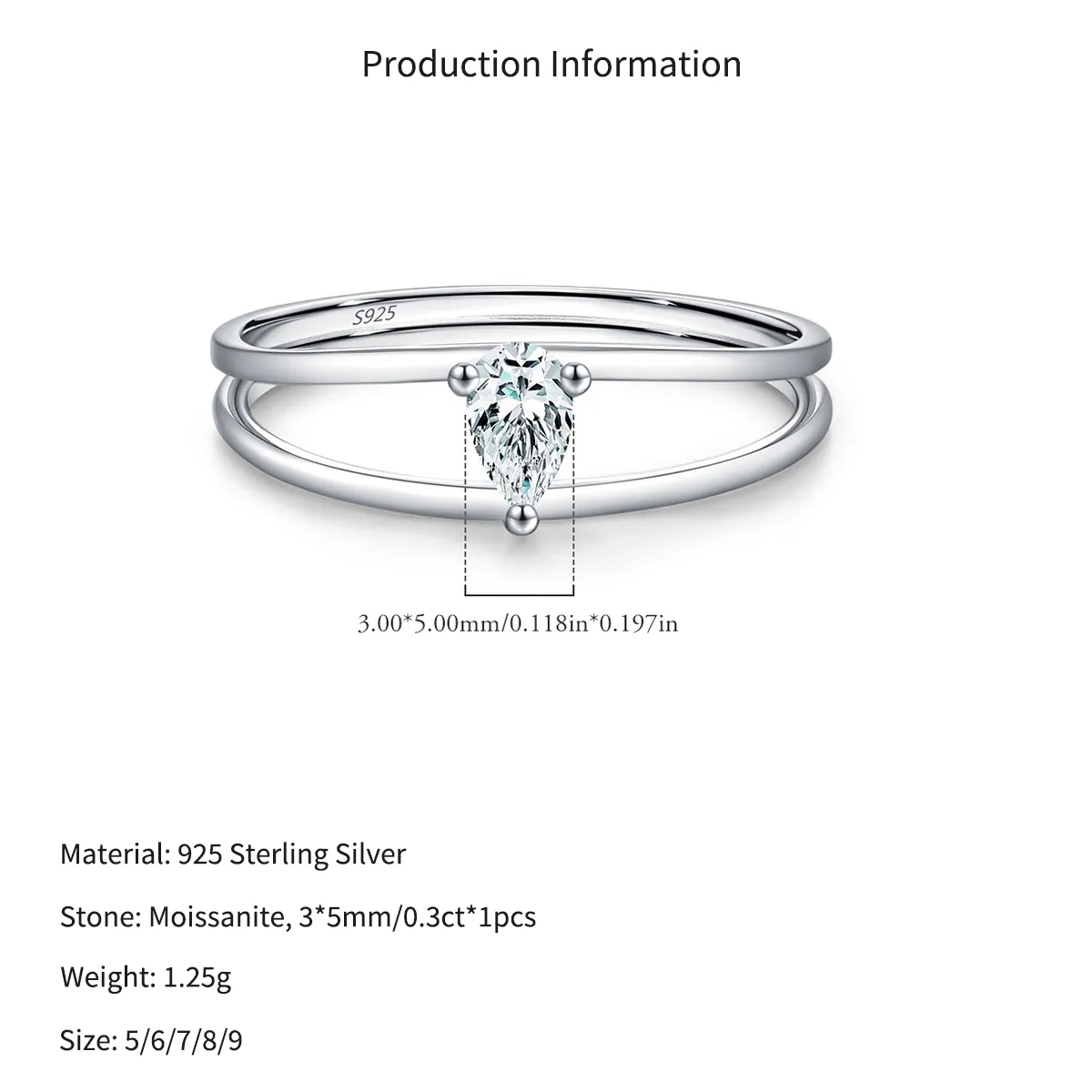 Wholesale 925 Sterling Silver Pear Cut Moissanite Double Band Ring 110200085 - image2