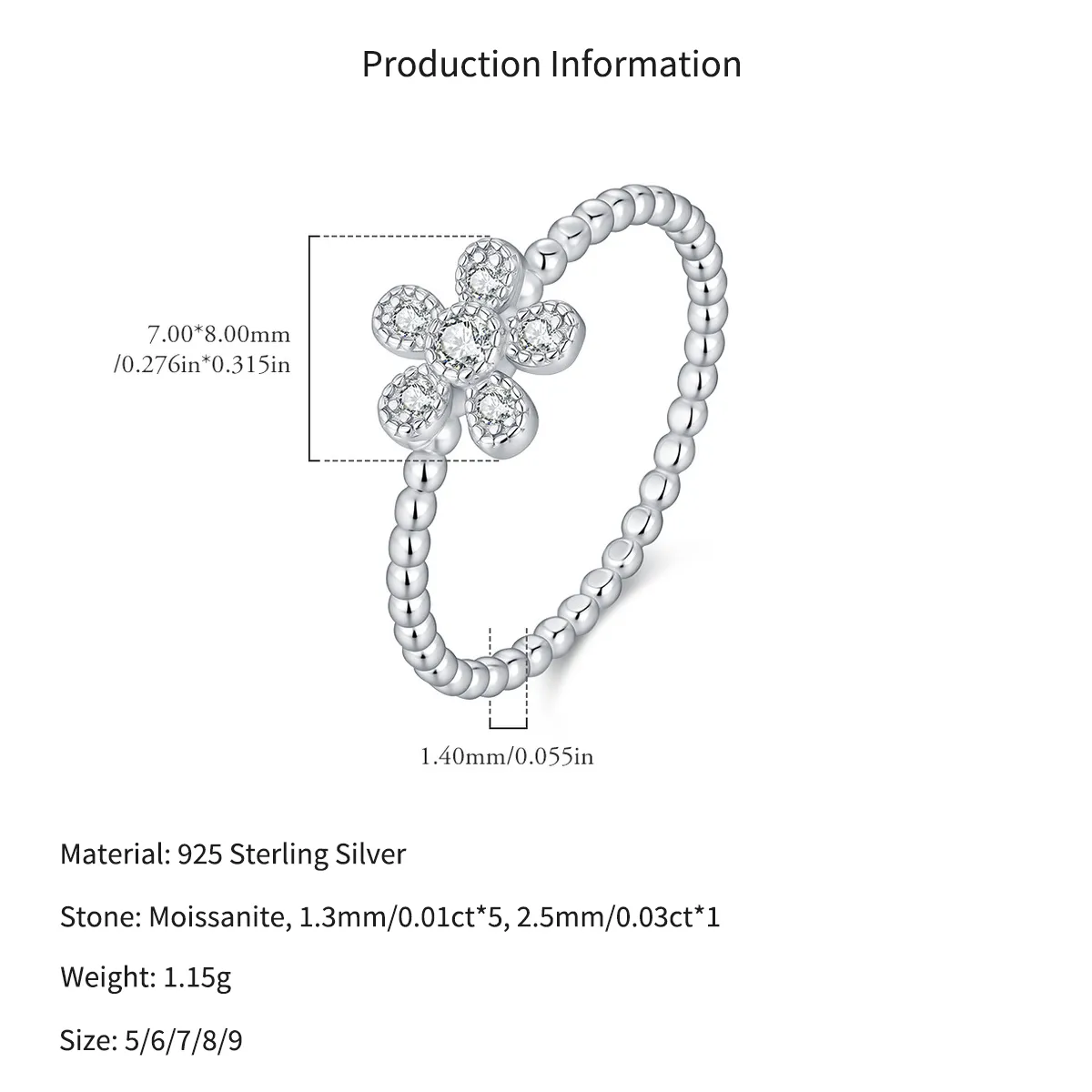 Wholesale 925 Sterling Silver Moissanite Flower Beaded Stacking Ring 110200088 - image2