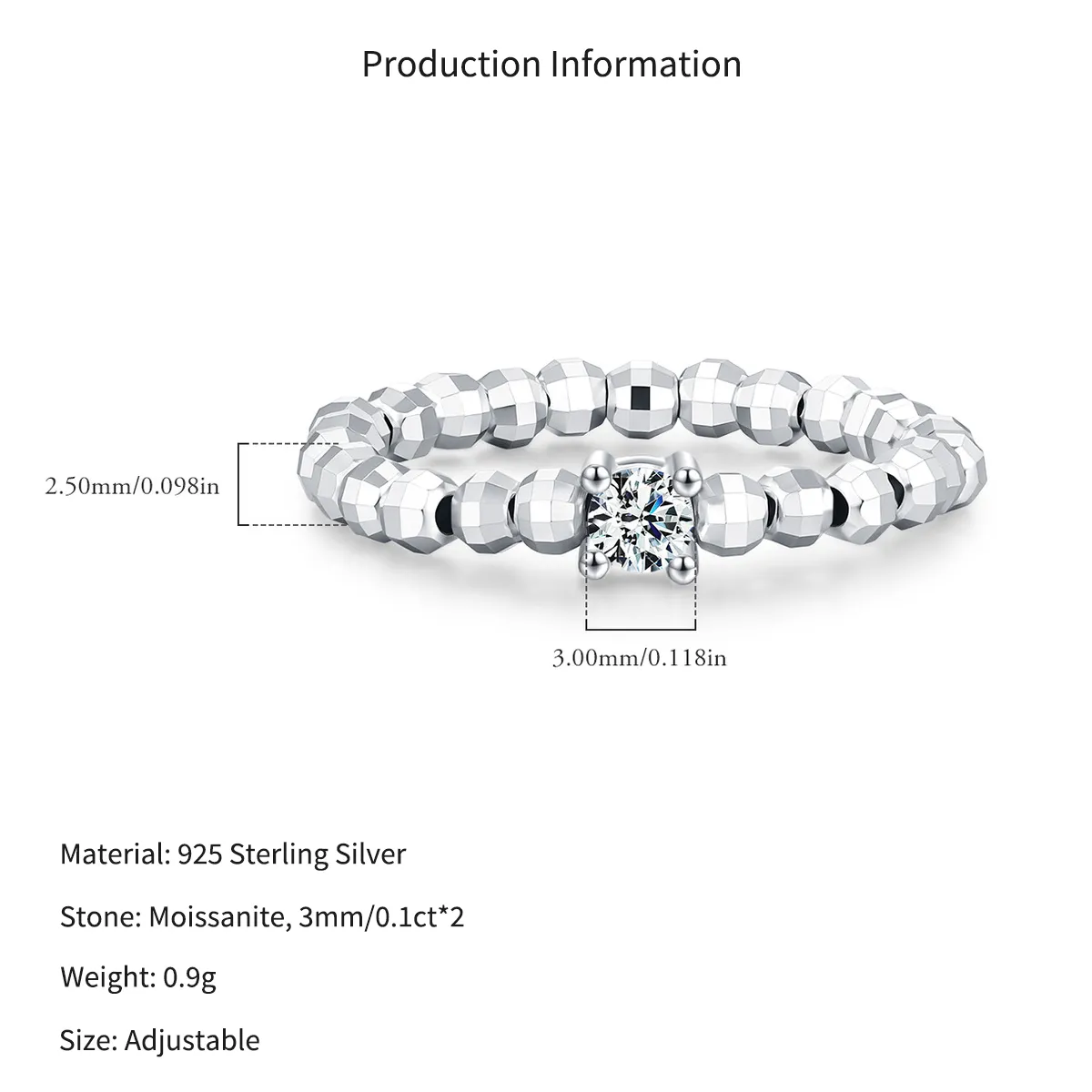 Wholesale 925 Sterling Silver Moissanite Adjustable Beaded Ring 110200090 - image2